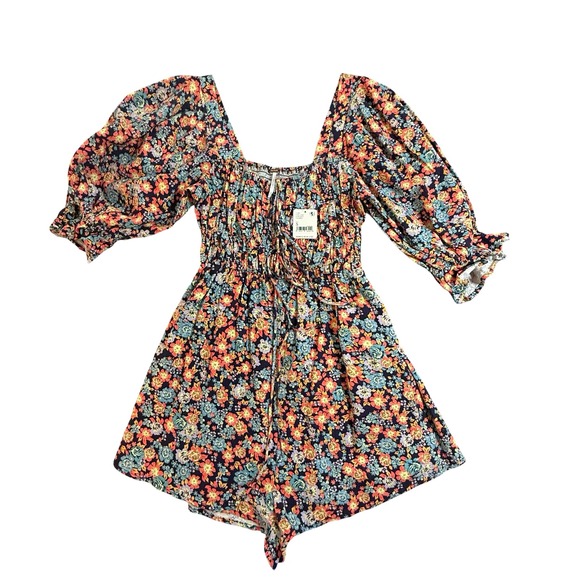Free People Navy Floral Smocked Square Neck Puff Sleeve Romper Linen Blend S